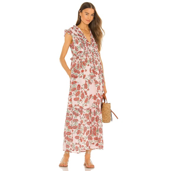 Banjanan Constance Red Pink Floral Maxi Dress VNeck Flutter Sleeves Ruffle Sz L - Picture 2 of 10